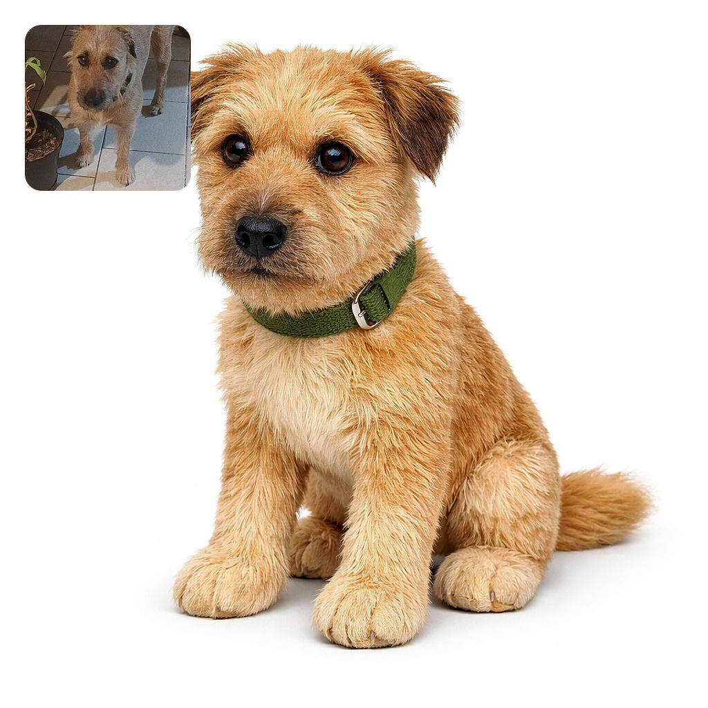 A scruffy, earnest terrier giving the classic "were you about to give me a treat?" look while standing on tiled floor next to a sad potted plant and a suspicious plastic bag — pure dramatic puppy energy.
