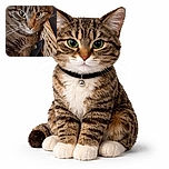 A close-up photo of a tabby cat lounging comfortably inside a wicker basket, with a fan and some indistinct background objects behind it. The cat looks directly at the camera with a calm and slightly curious expression.