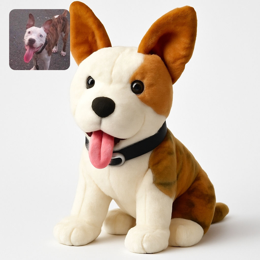 A happy dog with a big tongue out and perky ears stands on a rough pavement, looking excited and ready for some fun. The dog's white and brindle coat contrasts with the gray asphalt, capturing a candid moment of joyful anticipation.