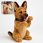 A lively German Shepherd dog named Naya strikes a playful pose on her hind legs with one paw raised, tongue out and eyes bright, against a rustic stone wall and gravel background.