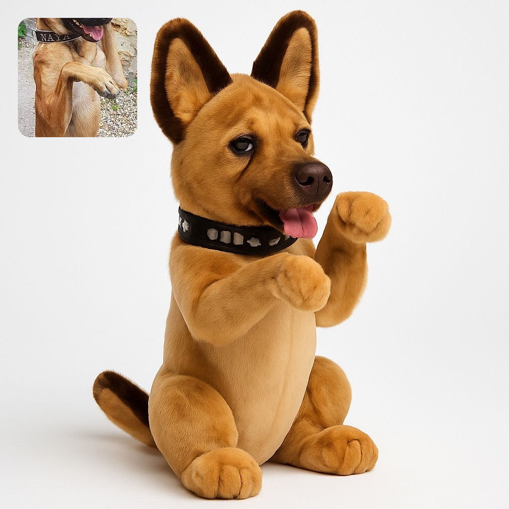 A lively German Shepherd dog named Naya strikes a playful pose on her hind legs with one paw raised, tongue out and eyes bright, against a rustic stone wall and gravel background.