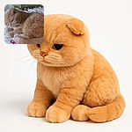 A fluffy orange cat is curled up on a cozy bed with festive holiday-themed bedding, looking contemplative or maybe just plotting its next nap.