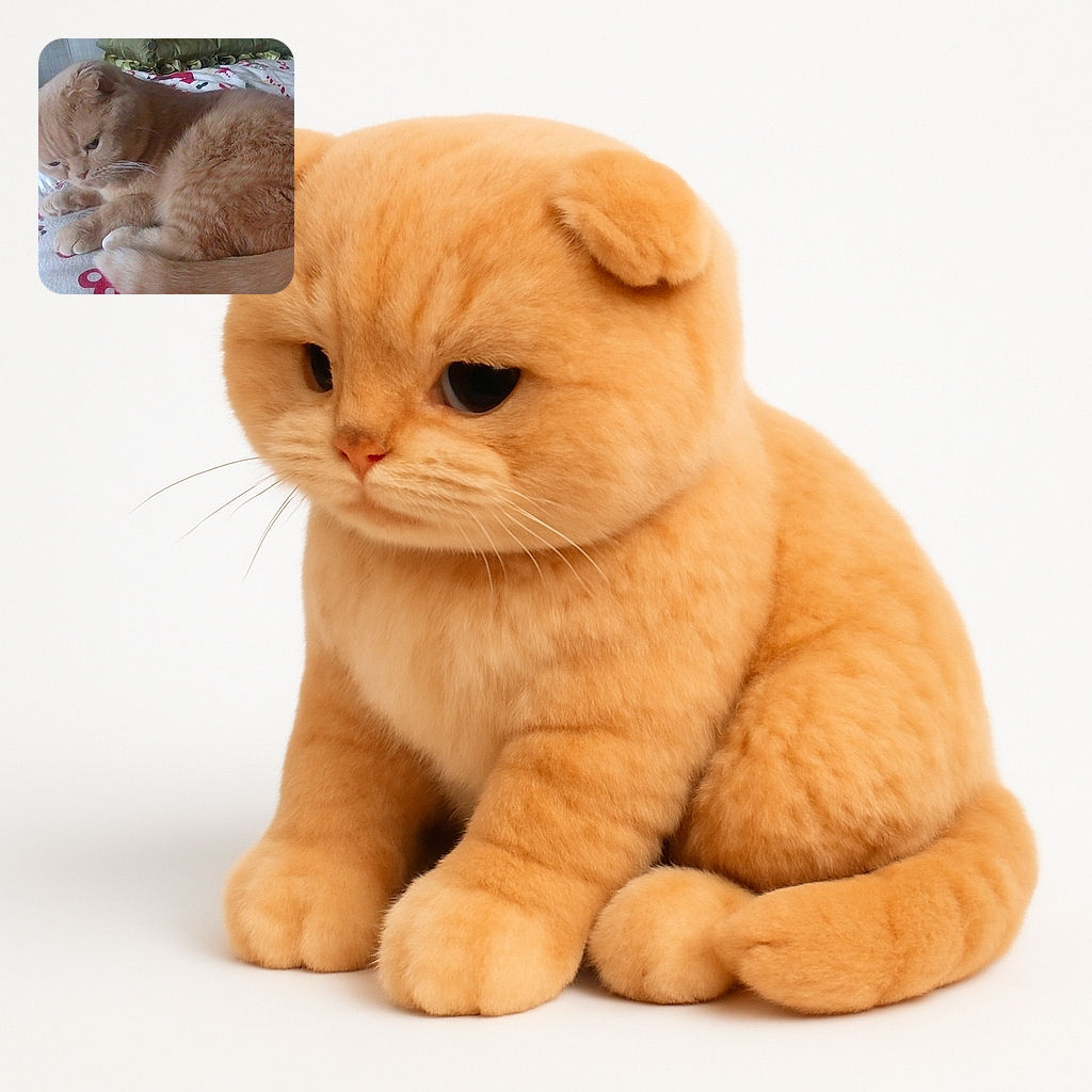 A fluffy orange cat is curled up on a cozy bed with festive holiday-themed bedding, looking contemplative or maybe just plotting its next nap.
