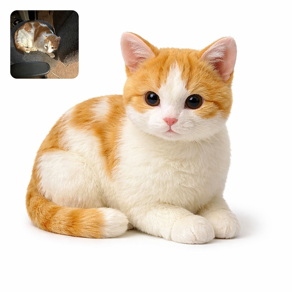 A cozy orange and white cat curled up on a textured gray chair, basking in soft natural light with a calm and contemplative expression, surrounded by a homey setting with carpet and a black chair armrest visible.
