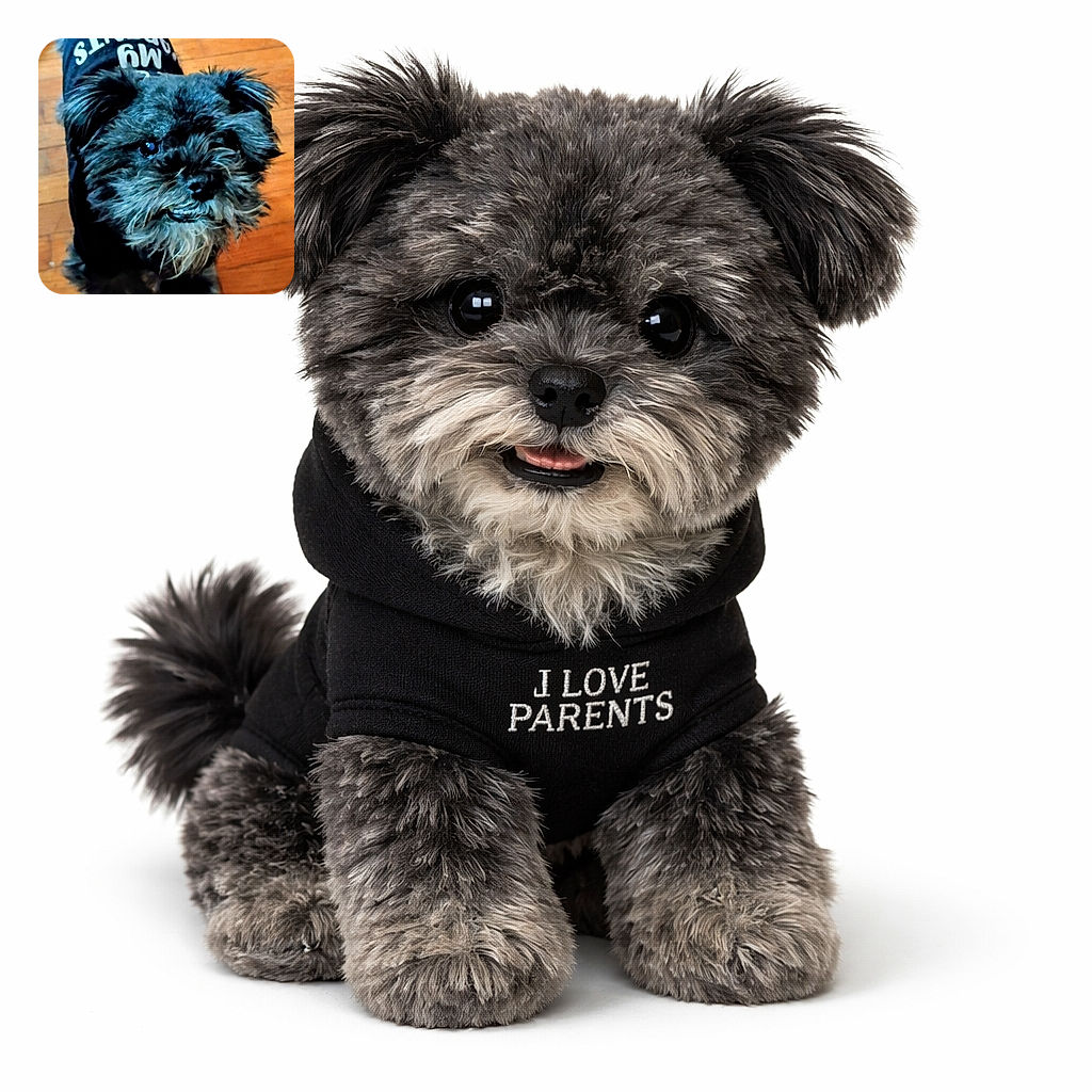 A scruffy little dog in a cheeky shirt looks up with a lopsided grin like it's plotting where the next treat is — hardwood floor, fluffy beard, maximum guilty charm.