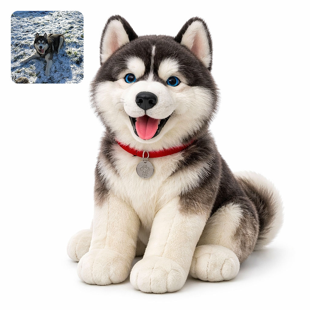 A happy husky dog is lying on a snowy lawn with its tongue out, looking playful next to a snow-covered ball, with a blue above-ground pool in the background under bright sunlight.