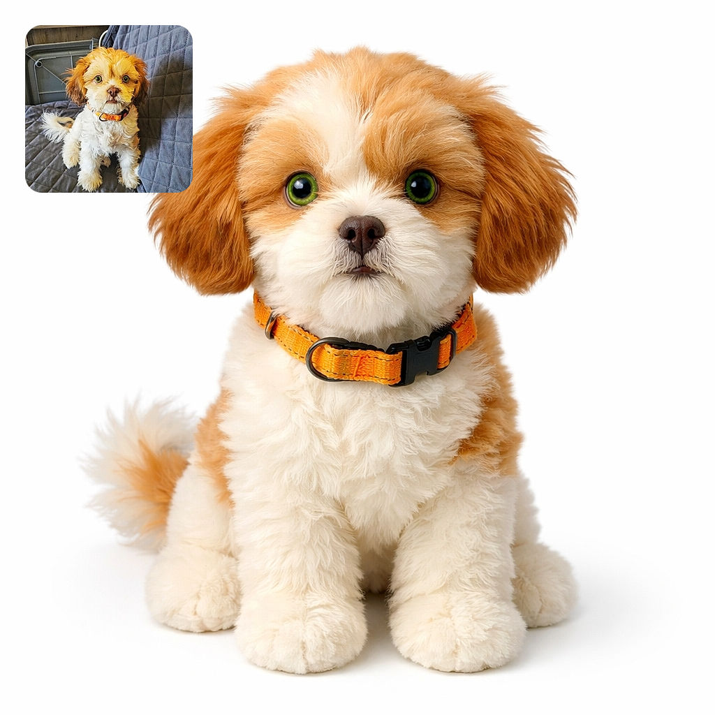 A fluffy little puppy with expressive greenish eyes sits attentively on a quilted gray couch, wearing a bright orange collar that contrasts nicely with its soft, curly fur. The background includes a folded plastic chair and wooden paneling, adding a cozy indoor vibe.