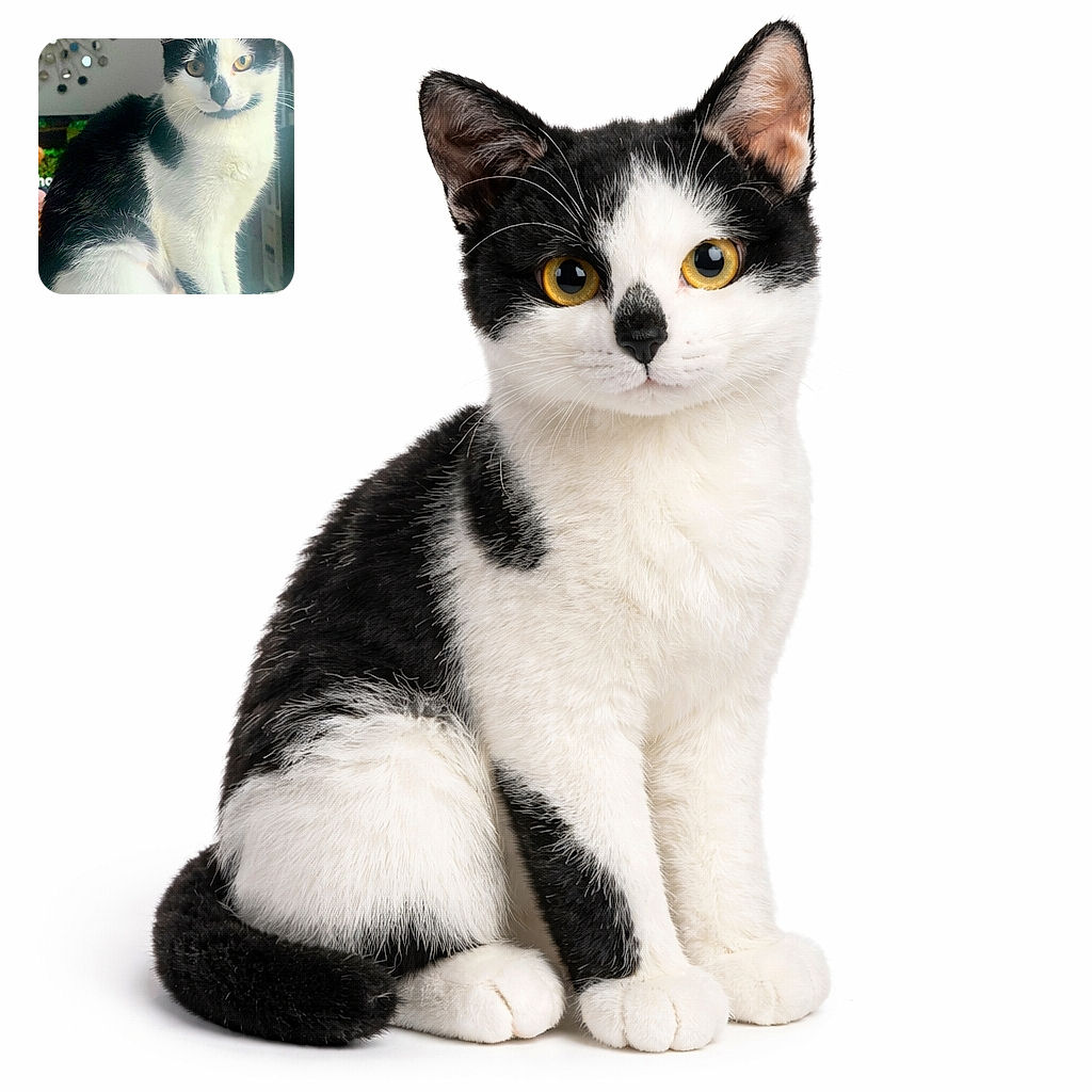 A charming black-and-white cat sits gracefully on a soft surface, looking directly at the camera with curious eyes. The background features a decorative wall piece with circular mirrors, adding an artistic touch to the cozy indoor setting.