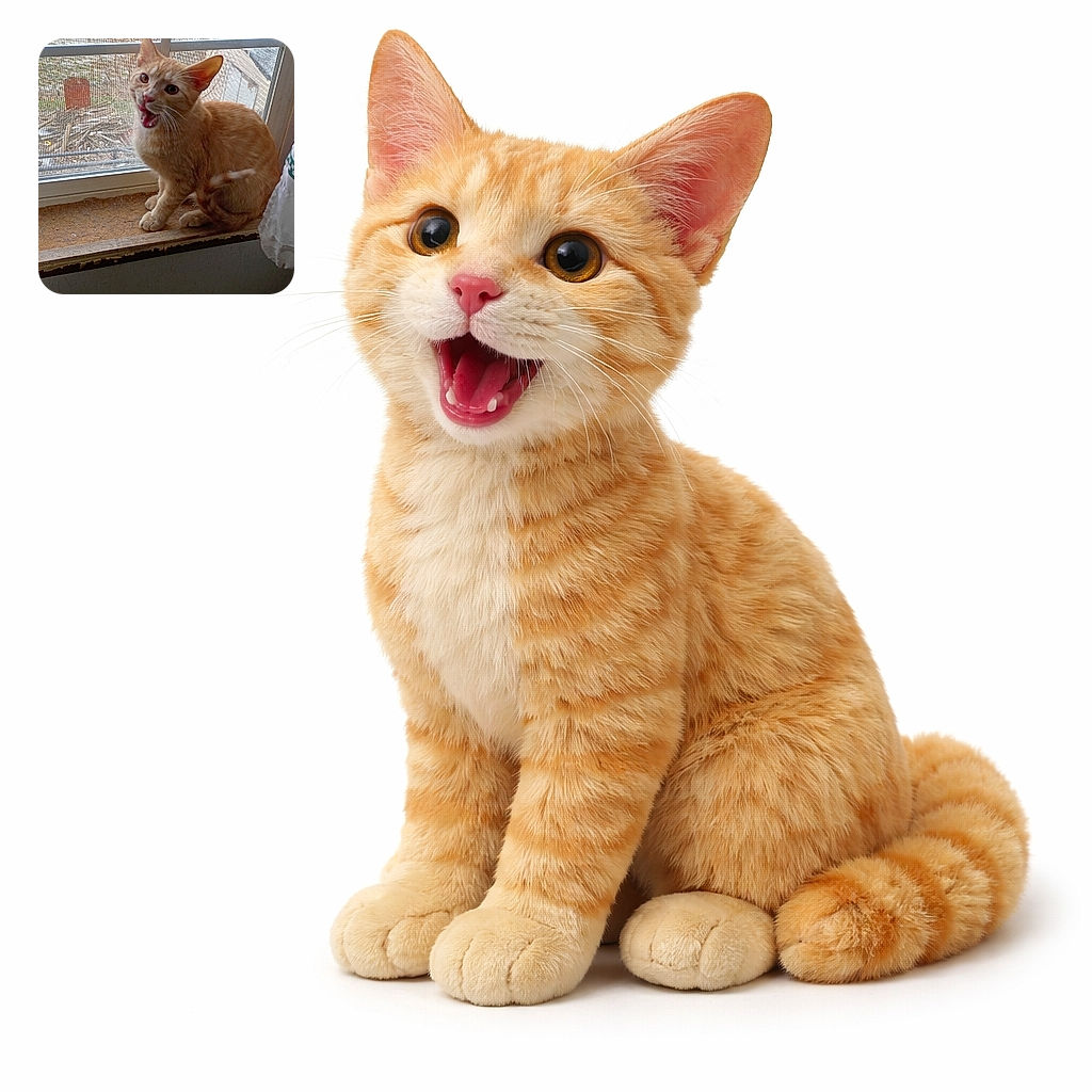 A wide-mouthed orange tabby perched on the windowsill, mid-meow like it's delivering urgent backyard news to the neighborhood squirrels — whiskers flared, tail flicking, and attitude fully engaged.