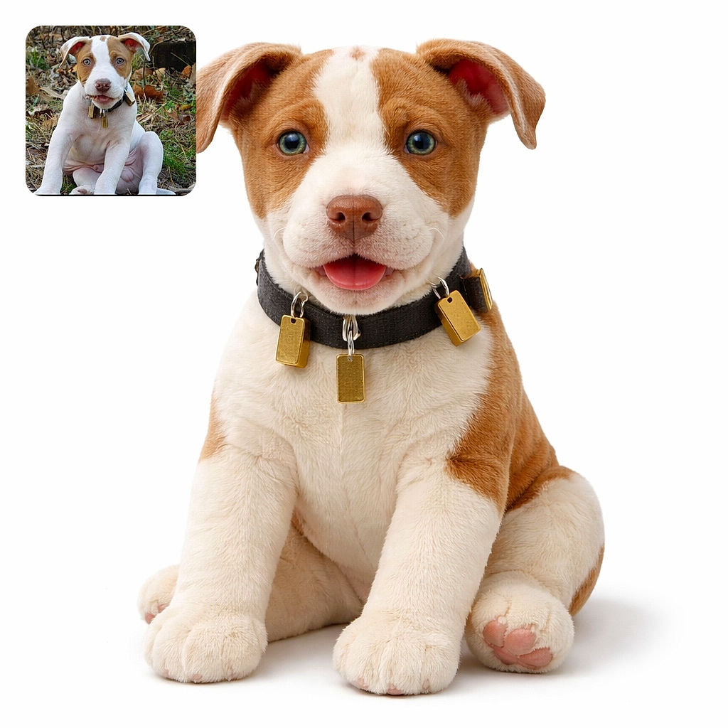 An adorable puppy with light brown and white fur sits on the grass and dry leaves, looking curiously at the camera with its mouth slightly open, wearing a collar with tags. The background is natural and slightly blurred, emphasizing the pup's cute expression.
