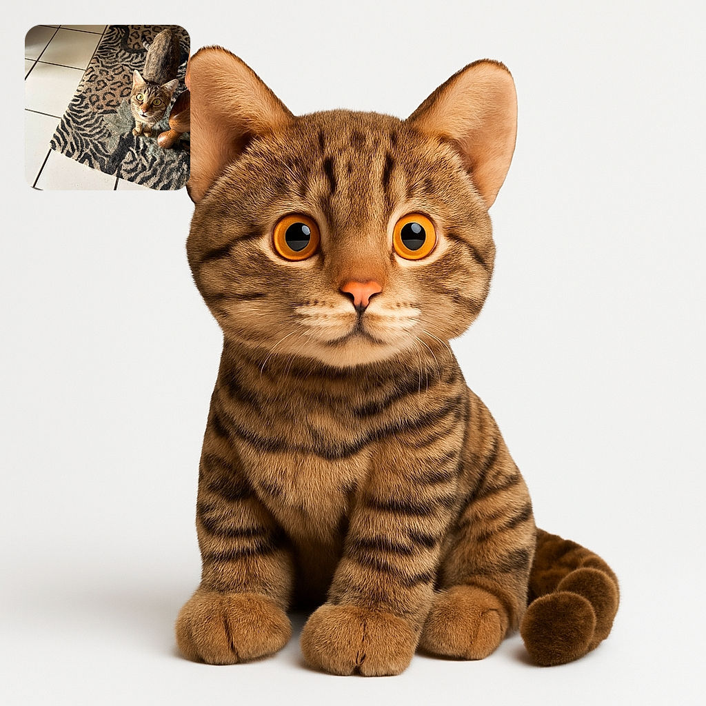 A curious tabby cat with wide green eyes looks up from a patterned rug that amusingly competes with its stripes, standing next to a wooden table leg on a tiled floor.