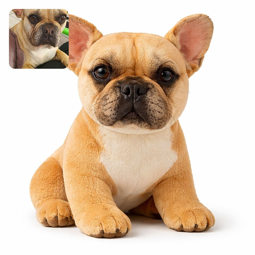 A close-up photo of a tan French Bulldog with soulful eyes looking directly at the camera, resting its paw on a black surface with a cozy blanket nearby, capturing a moment of quiet companionship indoors.