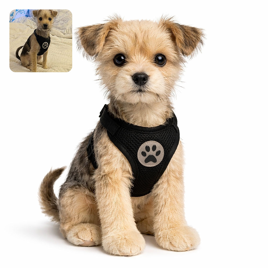 An adorable scruffy puppy wearing a black harness with a paw print, sitting attentively on a fluffy white blanket with a cozy background featuring blue floral curtains and white bedding.