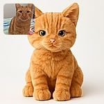 A charming orange tabby cat sits attentively on a striped bedspread, staring directly at the camera with wide, curious eyes. The background is a simple room with a fan and some scattered items, giving a cozy, everyday vibe.