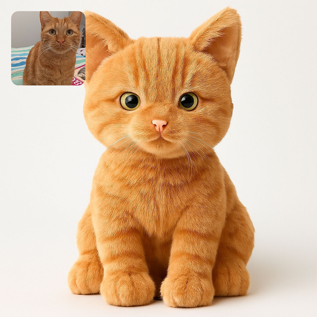 A charming orange tabby cat sits attentively on a striped bedspread, staring directly at the camera with wide, curious eyes. The background is a simple room with a fan and some scattered items, giving a cozy, everyday vibe.