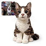 A curious cat with intense eyes stands on a cluttered couch armrest, surrounded by an eclectic mix of posters, papers, and random objects, while an arm with a tattoo peeks in from the left. The scene is cozy yet chaotic, with the cat looking like the boss of this creative mess.