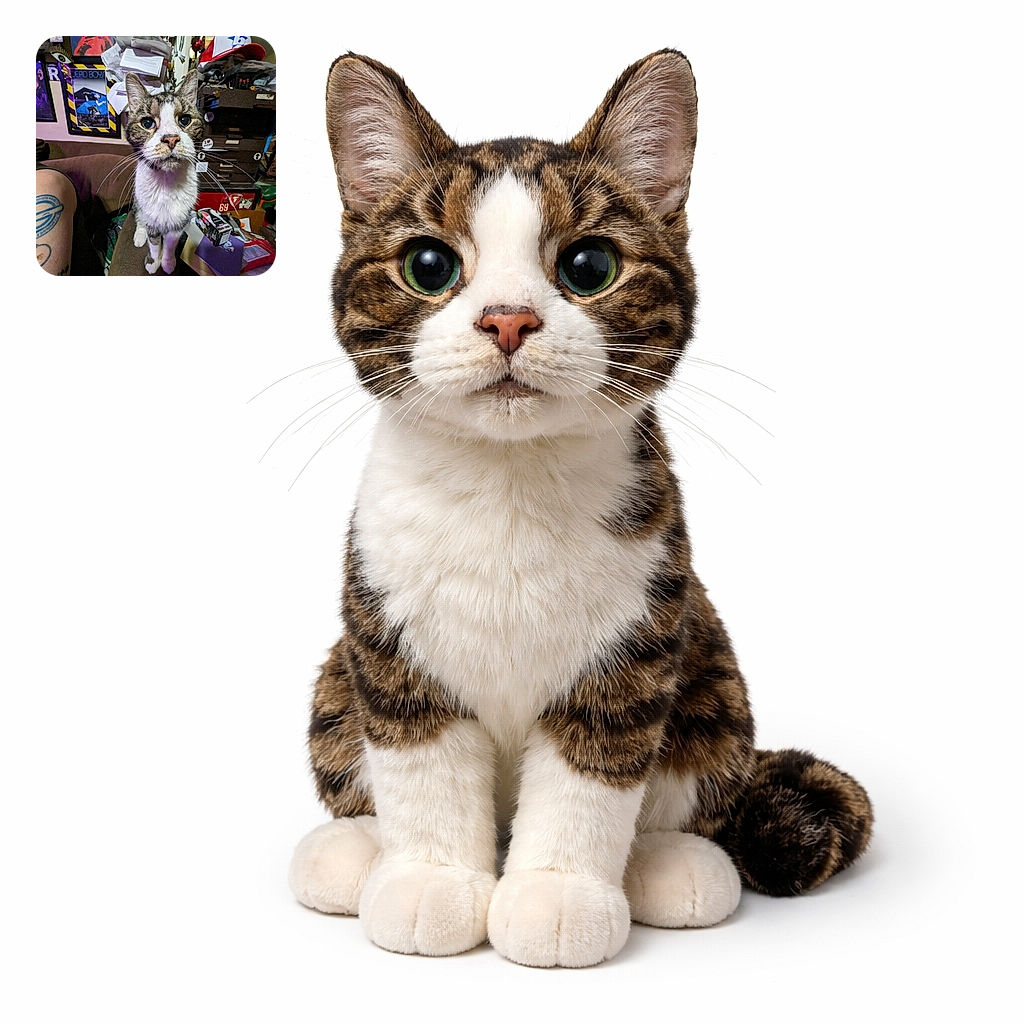 A curious cat with intense eyes stands on a cluttered couch armrest, surrounded by an eclectic mix of posters, papers, and random objects, while an arm with a tattoo peeks in from the left. The scene is cozy yet chaotic, with the cat looking like the boss of this creative mess.