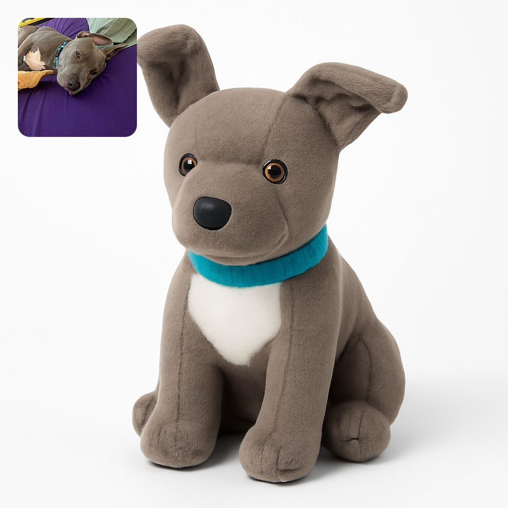 A relaxed gray dog with a blue collar lies on a purple bedspread, looking content and cozy with a yellow blanket nearby and a laptop playing a show in the background.