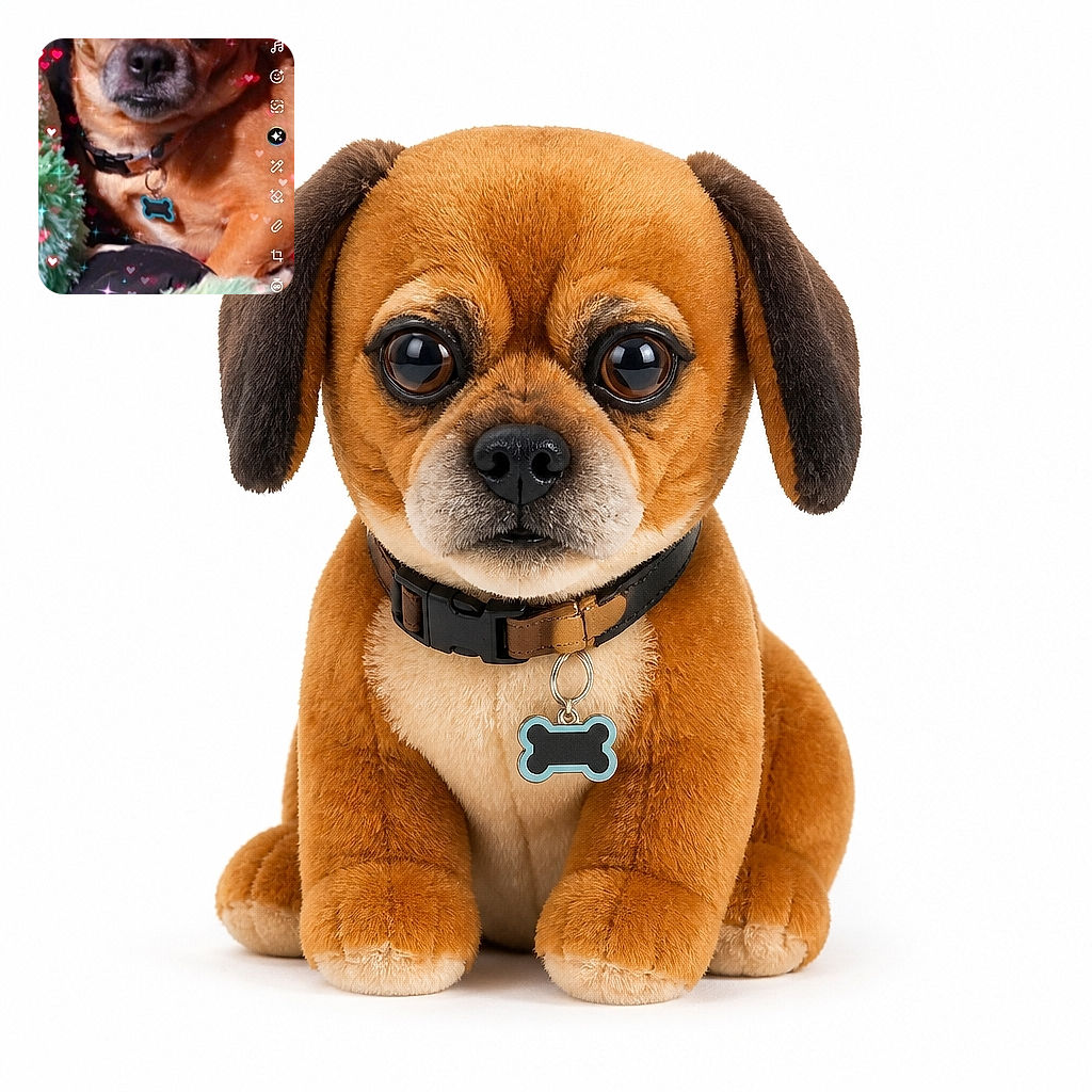 A wide-eyed little dog gazes into the camera like it has just discovered the mystery of the universe, surrounded by twinkling hearts, holiday greenery, and a whole Snapchat-style control panel of digital decorations.