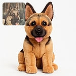 A close-up photo of a German Shepherd dog with its tongue slightly out, looking alert and attentive with a soft blurred background. The image has some glare and reflections, suggesting it might be a photo of a framed picture.