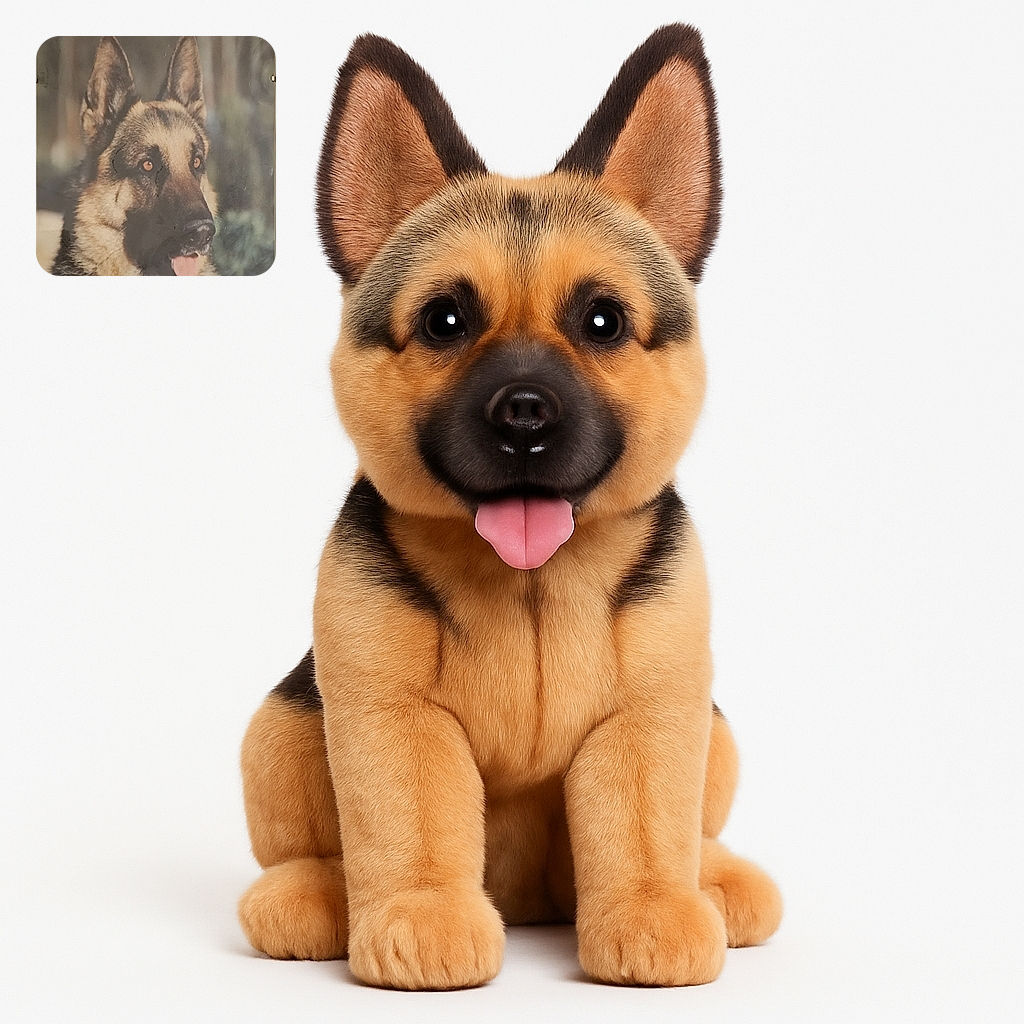 A close-up photo of a German Shepherd dog with its tongue slightly out, looking alert and attentive with a soft blurred background. The image has some glare and reflections, suggesting it might be a photo of a framed picture.