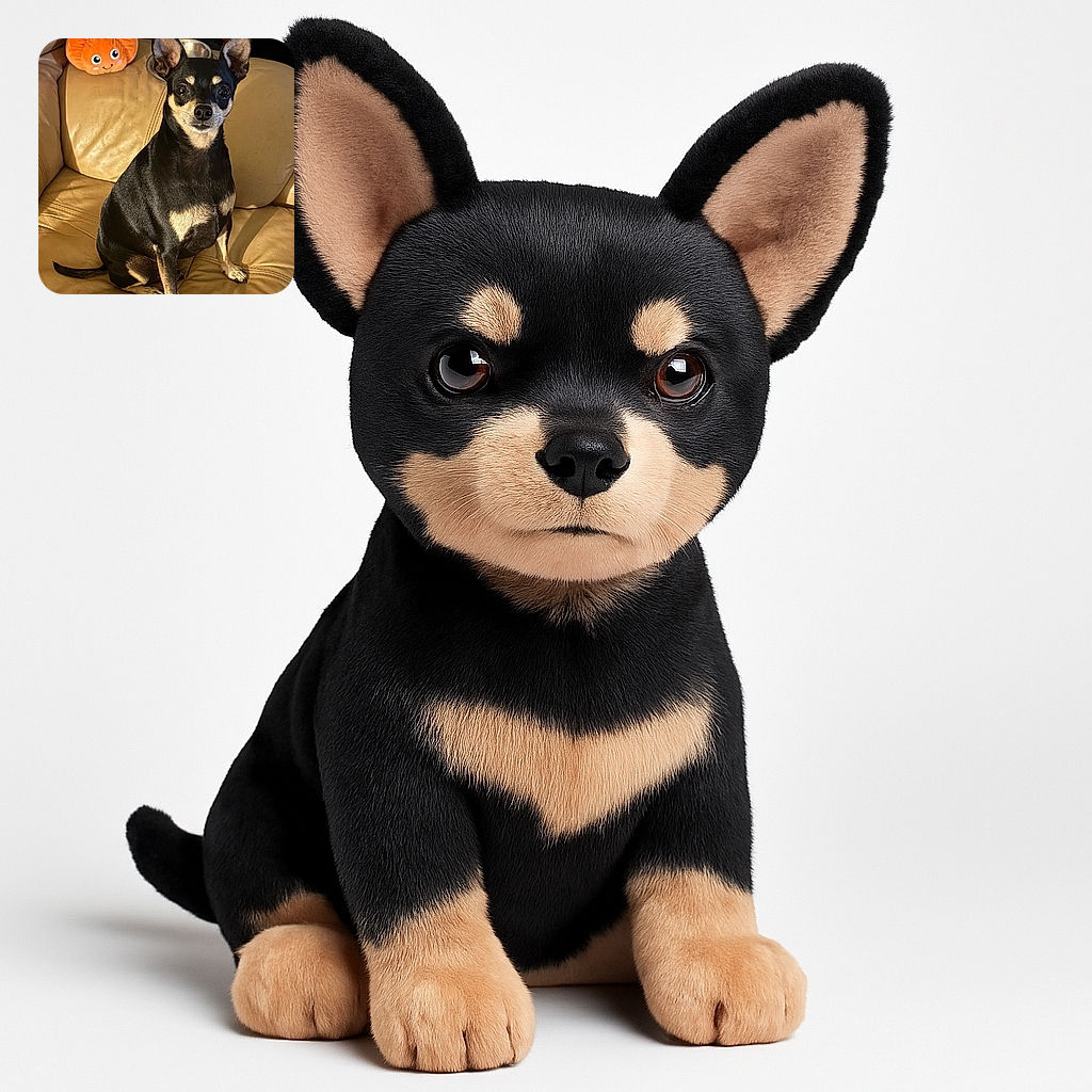 A small black and tan dog with large, alert ears sits attentively on a worn beige leather couch. Behind the dog, a cute plush pumpkin with big eyes and a smile adds a playful touch to the cozy indoor scene.