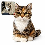 A curious cat with striking yellow eyes looks up expectantly, sitting on a textured carpet next to furniture legs and a hint of colorful fabric, as if plotting its next adorable mischief.