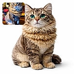 A majestic fluffy cat with striking blue eyes sits regally on a wooden surface amidst a cozy indoor setting, with a red power drill and other household items subtly blurred in the background, giving off a vibe of feline curiosity mixed with DIY spirit.