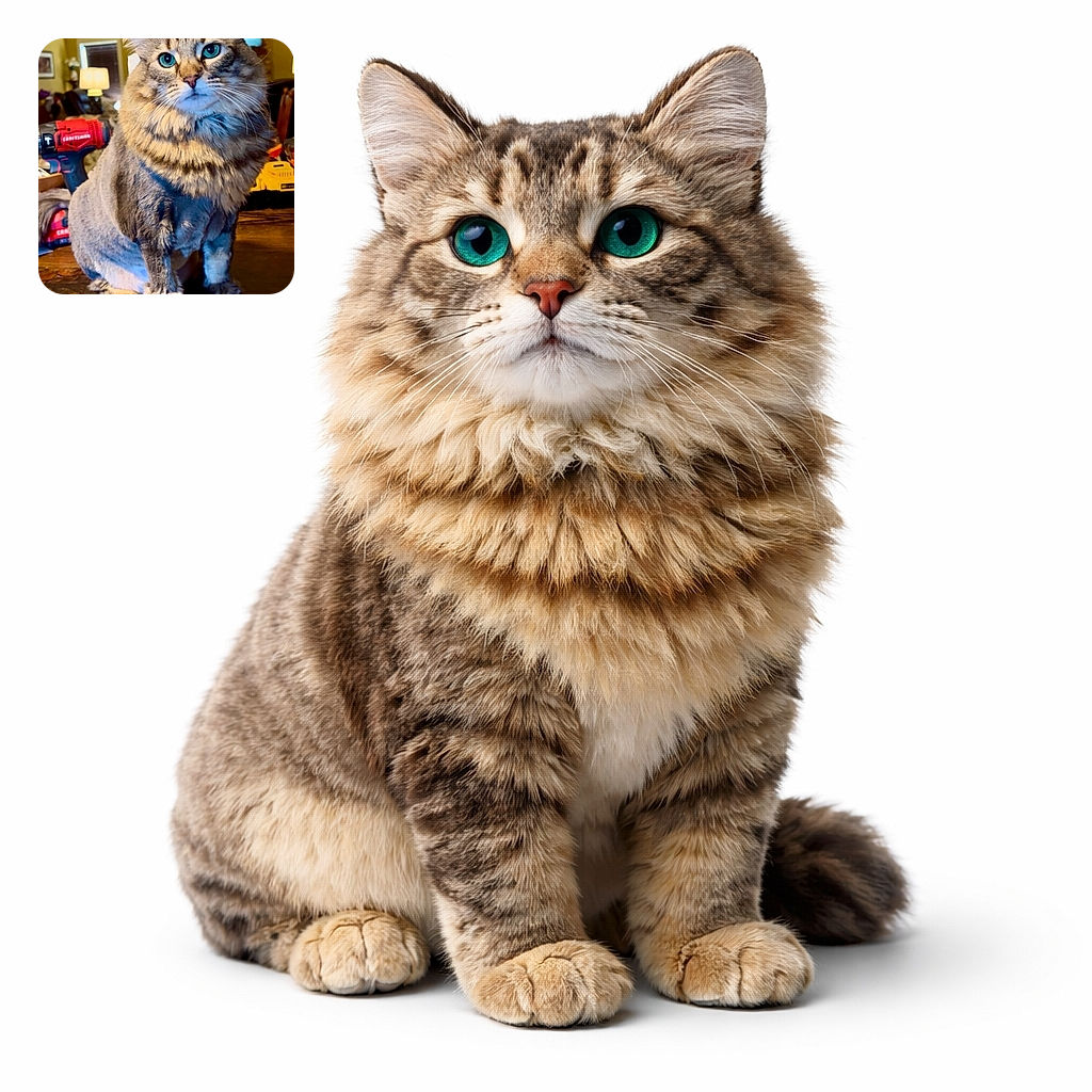 A majestic fluffy cat with striking blue eyes sits regally on a wooden surface amidst a cozy indoor setting, with a red power drill and other household items subtly blurred in the background, giving off a vibe of feline curiosity mixed with DIY spirit.