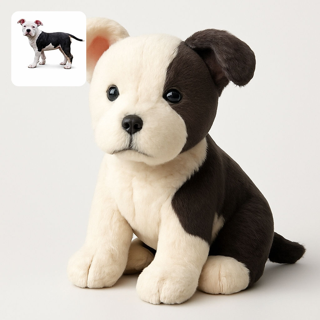 A charming black and white puppy stands confidently against a clean white background, looking curiously at the camera with its ears perked up and tail extended, ready for some playful adventures.