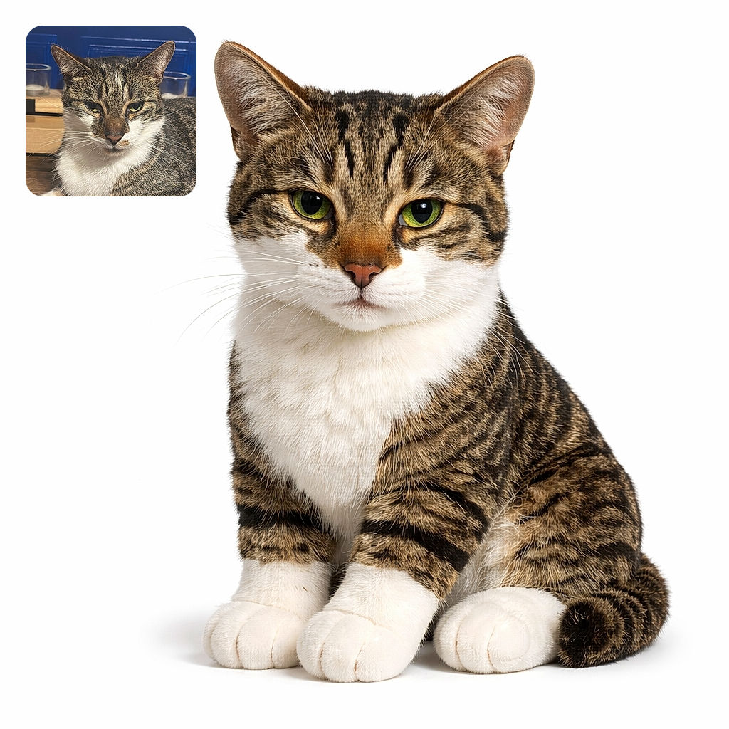 A regal tabby cat lounges on a wooden surface with an expression that says, 'I own this place.' The background features a striking blue panel and some glass cups, adding a cozy indoor vibe.
