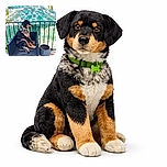 A dog is sitting upright like a human on a black wicker chair on a sunny balcony. Behind it, a large green and white tropical-patterned umbrella provides shade. There's a blue ceramic pot on the floor, and the scene has a cozy outdoor vibe. The photo has a timestamp and phone model text overlay at the bottom left corner.