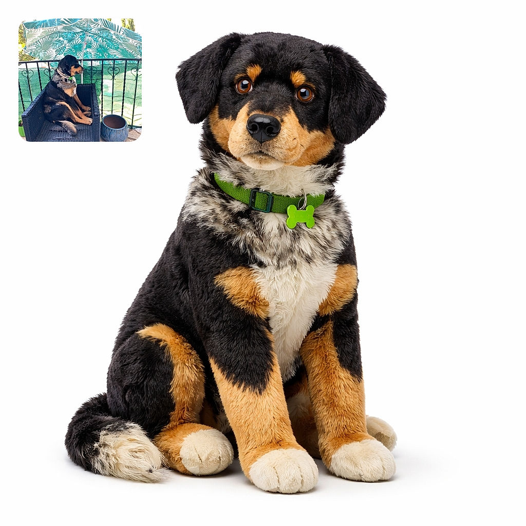 A dog is sitting upright like a human on a black wicker chair on a sunny balcony. Behind it, a large green and white tropical-patterned umbrella provides shade. There's a blue ceramic pot on the floor, and the scene has a cozy outdoor vibe. The photo has a timestamp and phone model text overlay at the bottom left corner.