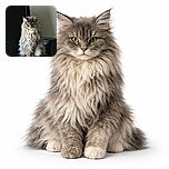 A majestic, long-haired cat sits regally on a dark chair with a serious, almost grumpy expression, framed by a softly lit, simple indoor background.