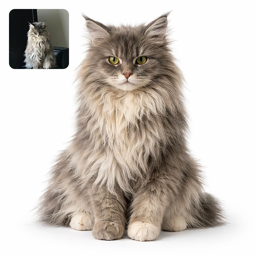A majestic, long-haired cat sits regally on a dark chair with a serious, almost grumpy expression, framed by a softly lit, simple indoor background.
