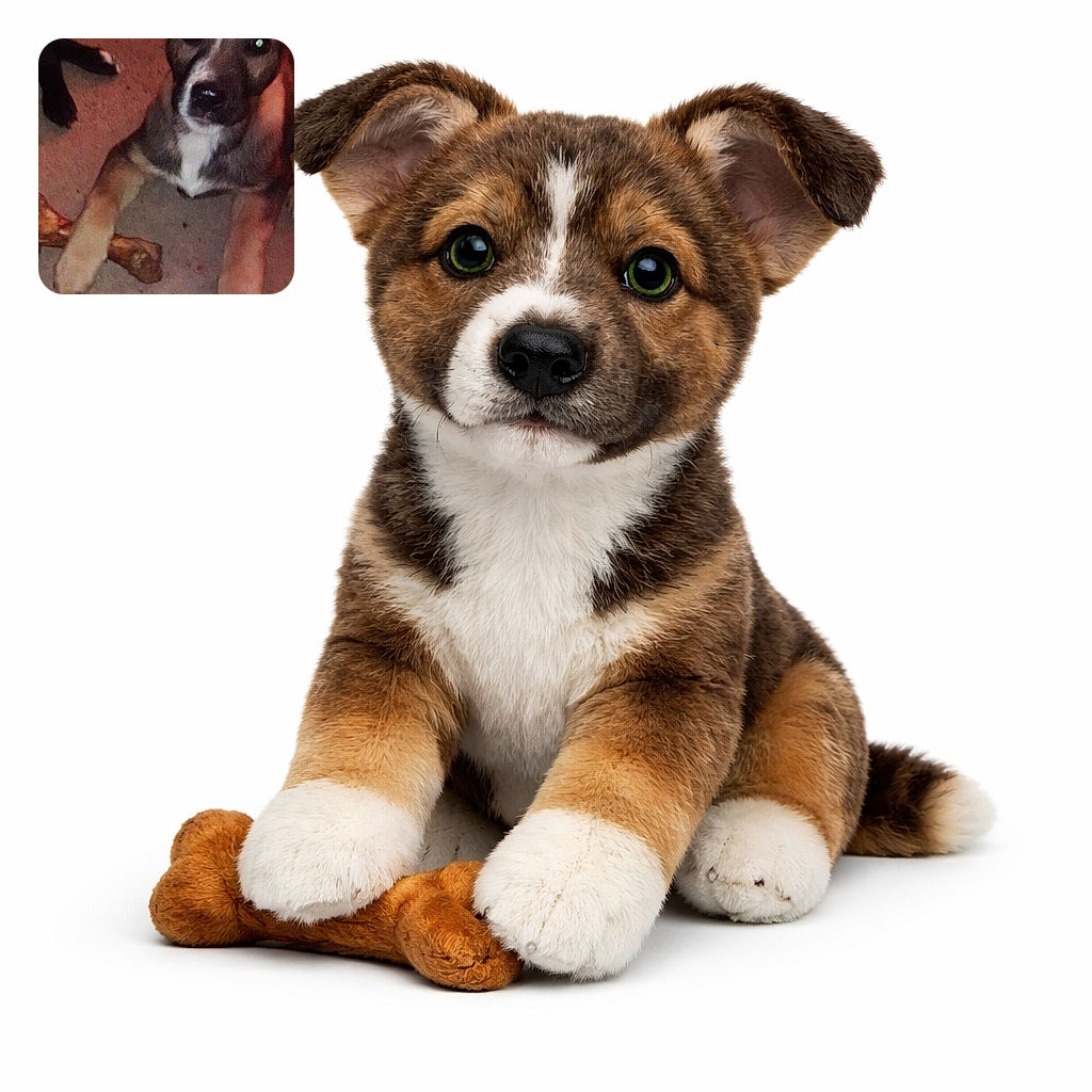 A curious puppy stares straight at the camera with green disco-eyes, one paw on a giant bone as if vowing to protect it — carpet crumbs and all. Looks like it just heard the word "treat."