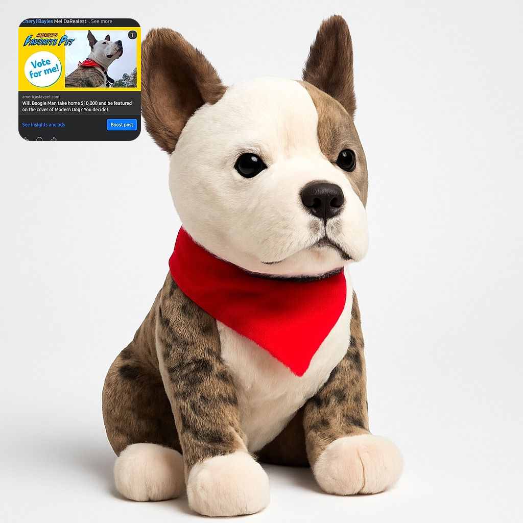 A proud dog wearing a red bandana poses heroically against a cloudy sky, featured in a bright yellow voting campaign banner with bold text urging viewers to 'Vote for me!' and 'America's Favorite Pet.' The image is part of a social media post encouraging votes for a pet contest.