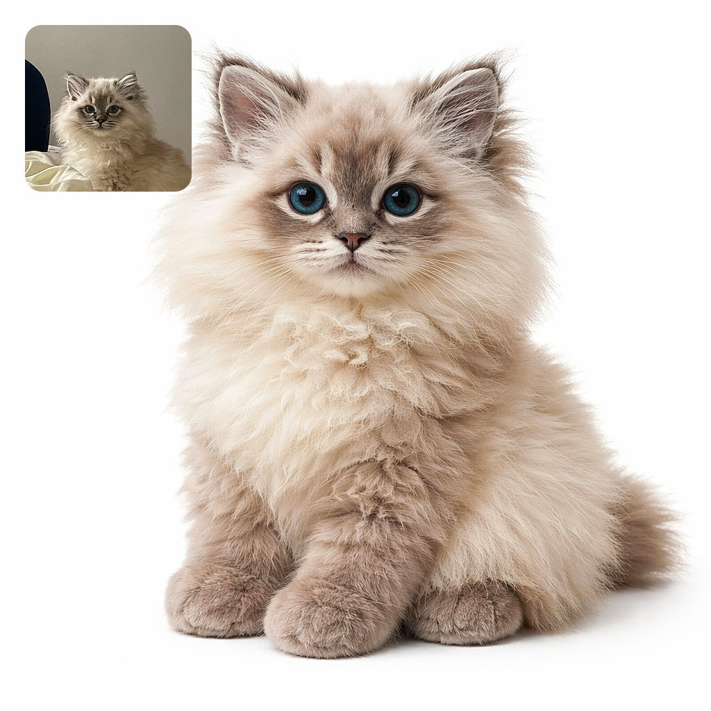 A fluffy blue‑eyed kitten stares at the camera like it’s practicing for royalty auditions — ruffly mane, tiny whiskers, and a neutral wall backdrop that says ‘less is more’ while the bed sheet provides an ad‑hoc throne.