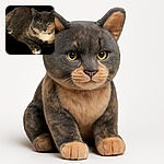 A calm and composed cat with a mix of gray, beige, and white fur is lounging comfortably, staring directly at the viewer with a slightly serious expression, as if judging your life choices.