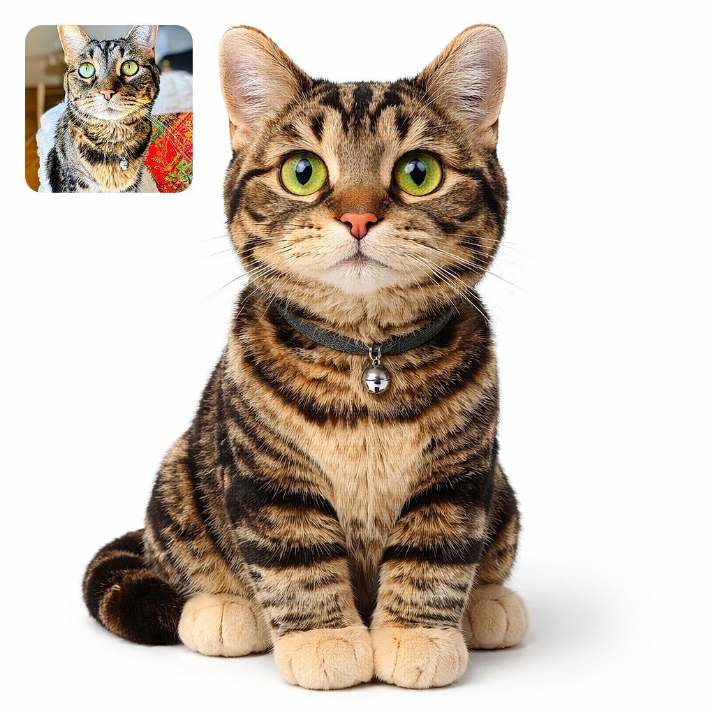 A regal tabby stares straight into the camera with enormous green eyes and perfectly groomed whiskers — sporting a tiny jingly bell and perched on a cozy blanket while a colorful embroidered pillow photobombs the side.