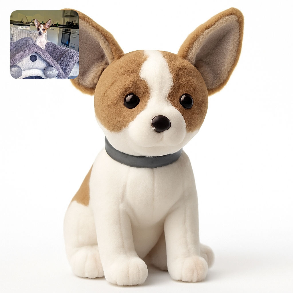 A tiny dog with big ears peeks out from behind a cozy, plush gray blanket shaped like a bear's face, sitting on a couch in a neat kitchen. The dog looks curious and alert, adding a cute and homey vibe to the scene.