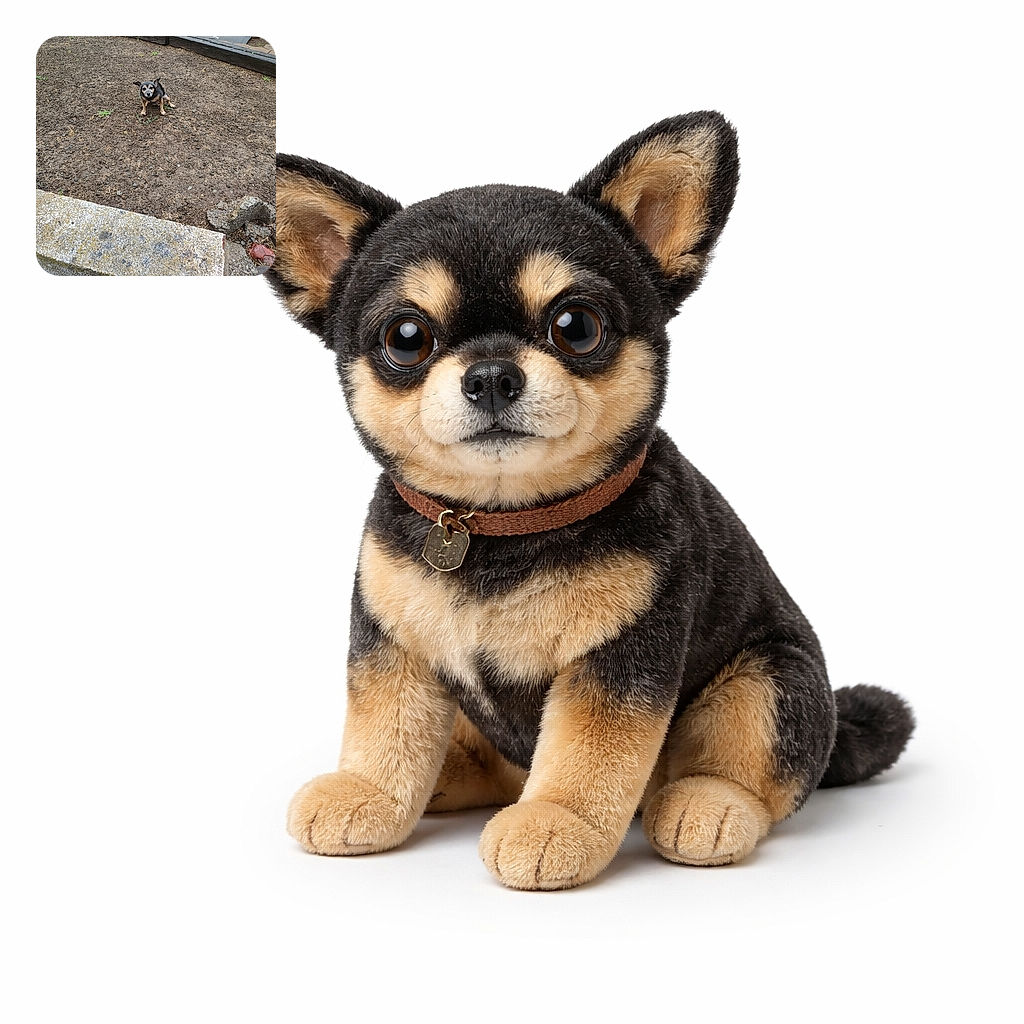A small dog stands in the middle of a patch of bare soil, looking directly at the camera with a curious expression. The background includes a wooden border and some scattered rocks, with a concrete ledge in the foreground.