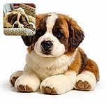 A large Saint Bernard dog is lounging comfortably on a soft, patterned couch with matching cushions, looking relaxed and sleepy with its head resting on its paws.