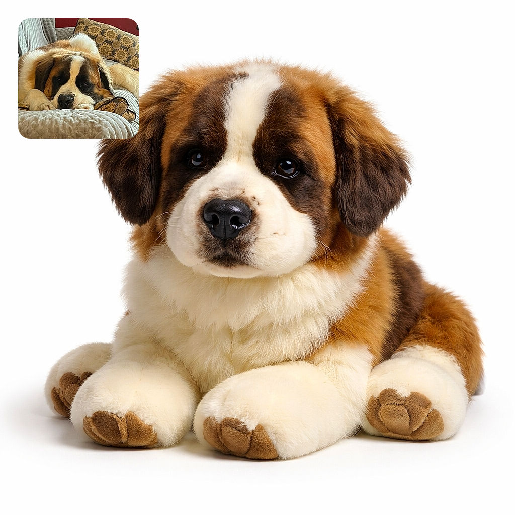 A large Saint Bernard dog is lounging comfortably on a soft, patterned couch with matching cushions, looking relaxed and sleepy with its head resting on its paws.