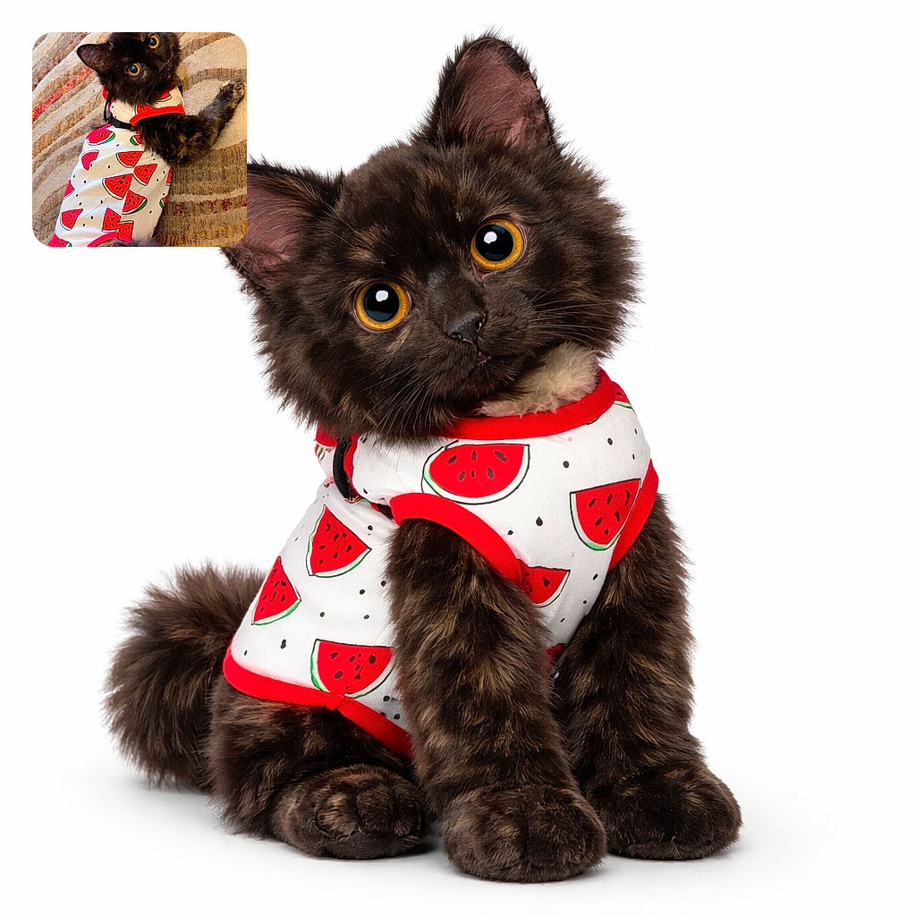 A fluffy black cat with striking yellow eyes lounges on a patterned carpet, wearing an adorable watermelon-patterned outfit that adds a splash of summer fun to the cozy indoor scene.