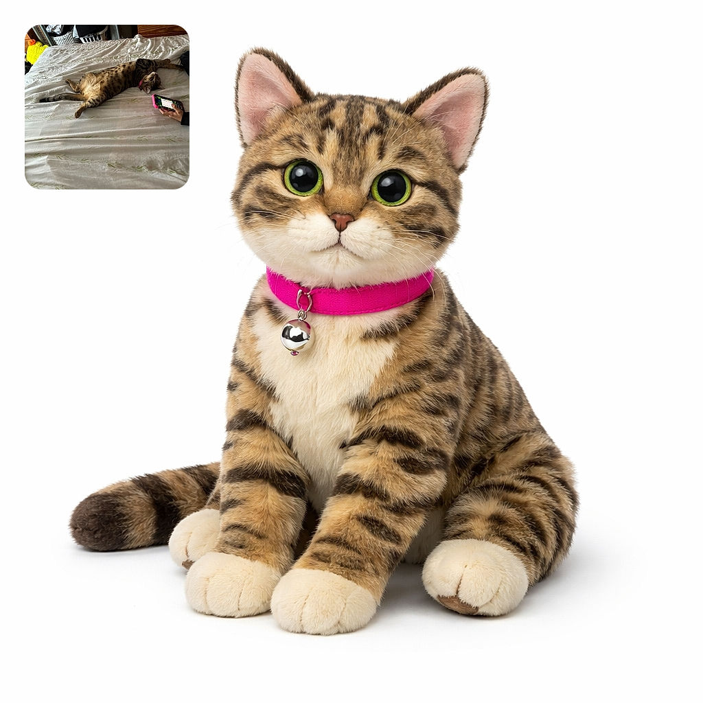 A tabby cat has claimed the bed like royalty, sprawled belly-up with a pink collar and a look of utter contentment while a human offers a glowing phone as tribute. A yellow plush peeks from the side and laundry baskets stage a quiet rebellion in the background.