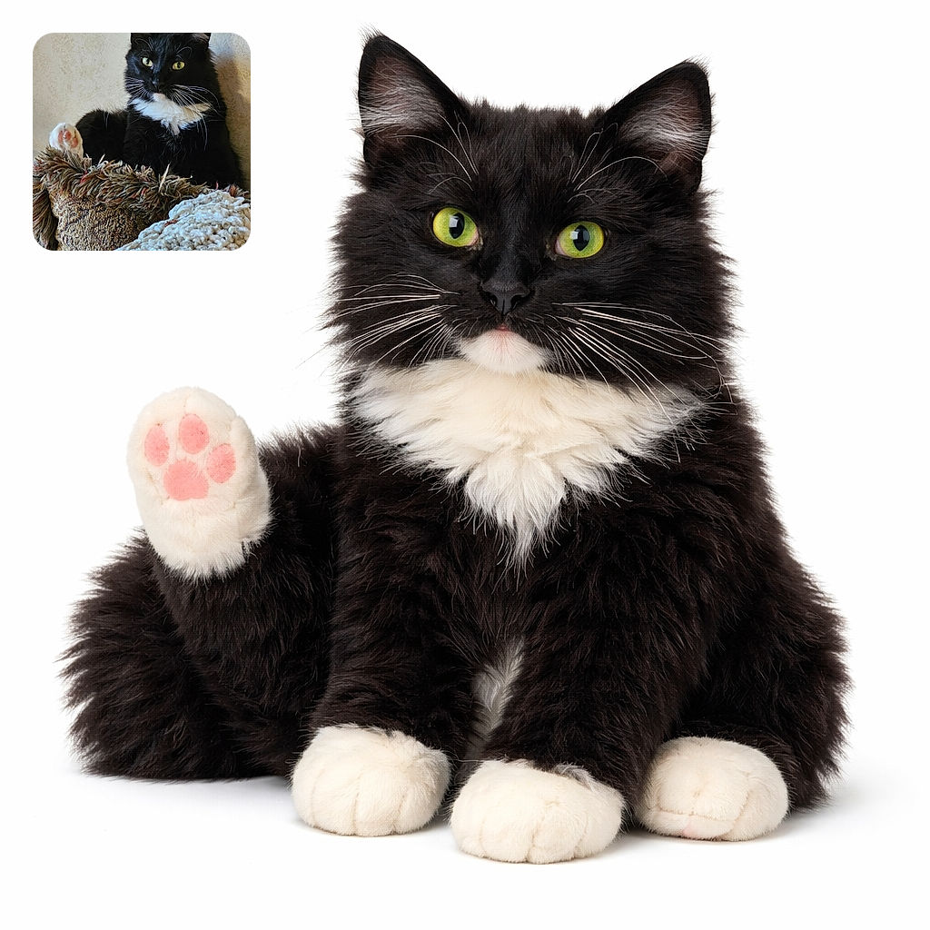 A majestic black and white cat lounges comfortably on a textured, fringed cushion with a cozy blanket in the foreground, staring intently with bright yellow eyes that seem to hold the secrets of the universe.