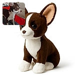 A small, alert Chihuahua stands on a cozy blanket with a red and gray background, looking intently to the side with its big eyes and perky ears, ready for some doggy adventures or snack time.