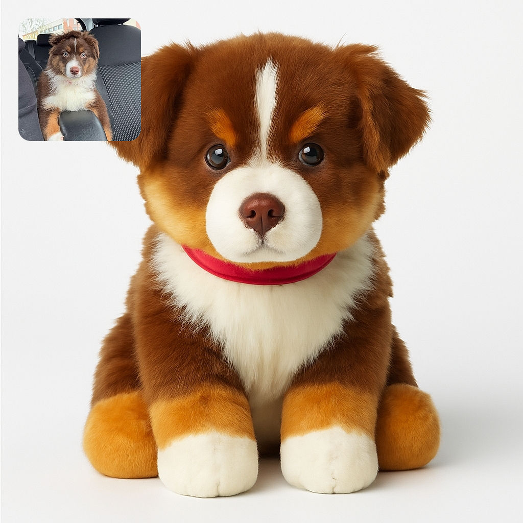 A fluffy brown and white puppy with striking blue eyes is perched adorably on a car's center console, looking straight at the camera with a mix of curiosity and seriousness, as if ready for a road trip adventure.