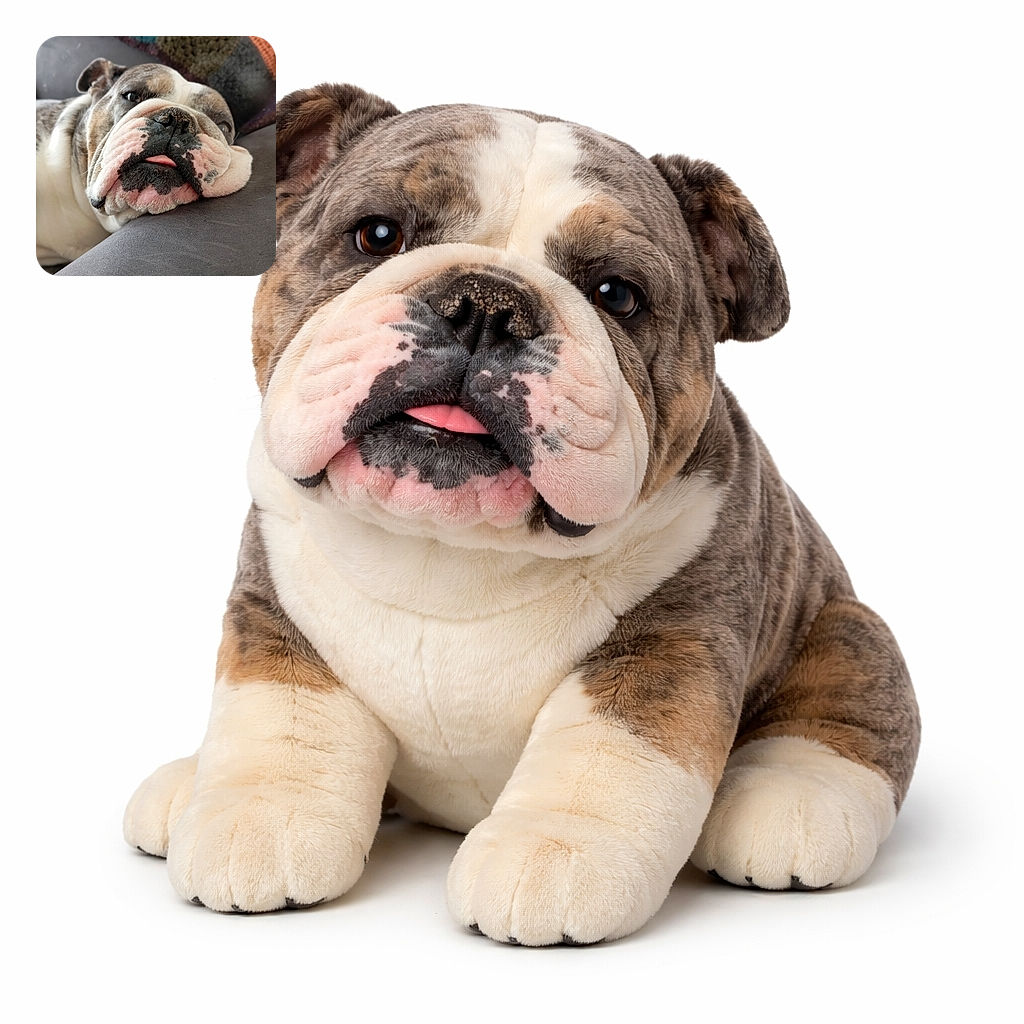 A gloriously squishy English bulldog loafing on the couch with its chin mashed into the cushion and a tiny pink tongue sneaking out — looks like it lost a stare-down with a nap. Colorful knit blanket peeks behind the head and a small timestamp/watermark sits at the corners like polite paparazzi.